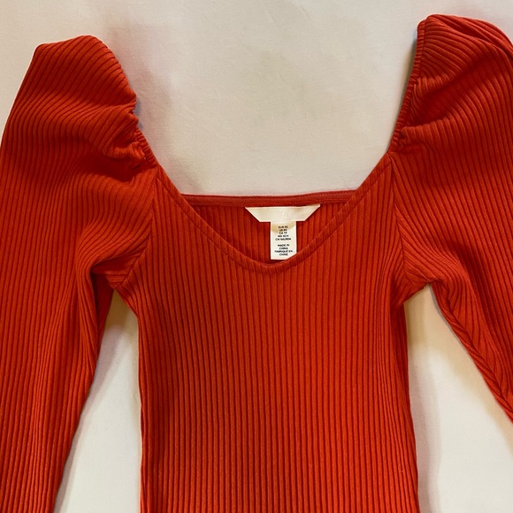 H&M Ribbed Puff Sleeve Top in Bright Orange - Picture 5 of 7